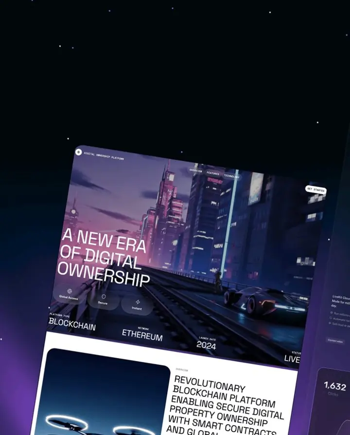 Futuristisk communitysida med neonljus och digital stadsmiljö