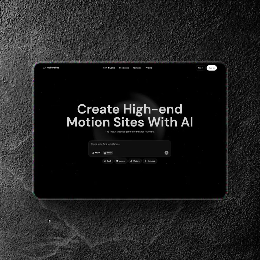 AI-studio med typografisk hemsida i mörka toner