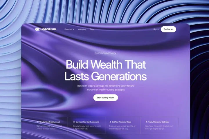 Fintech-hemsida med kraftfull typografi och lila formspråk