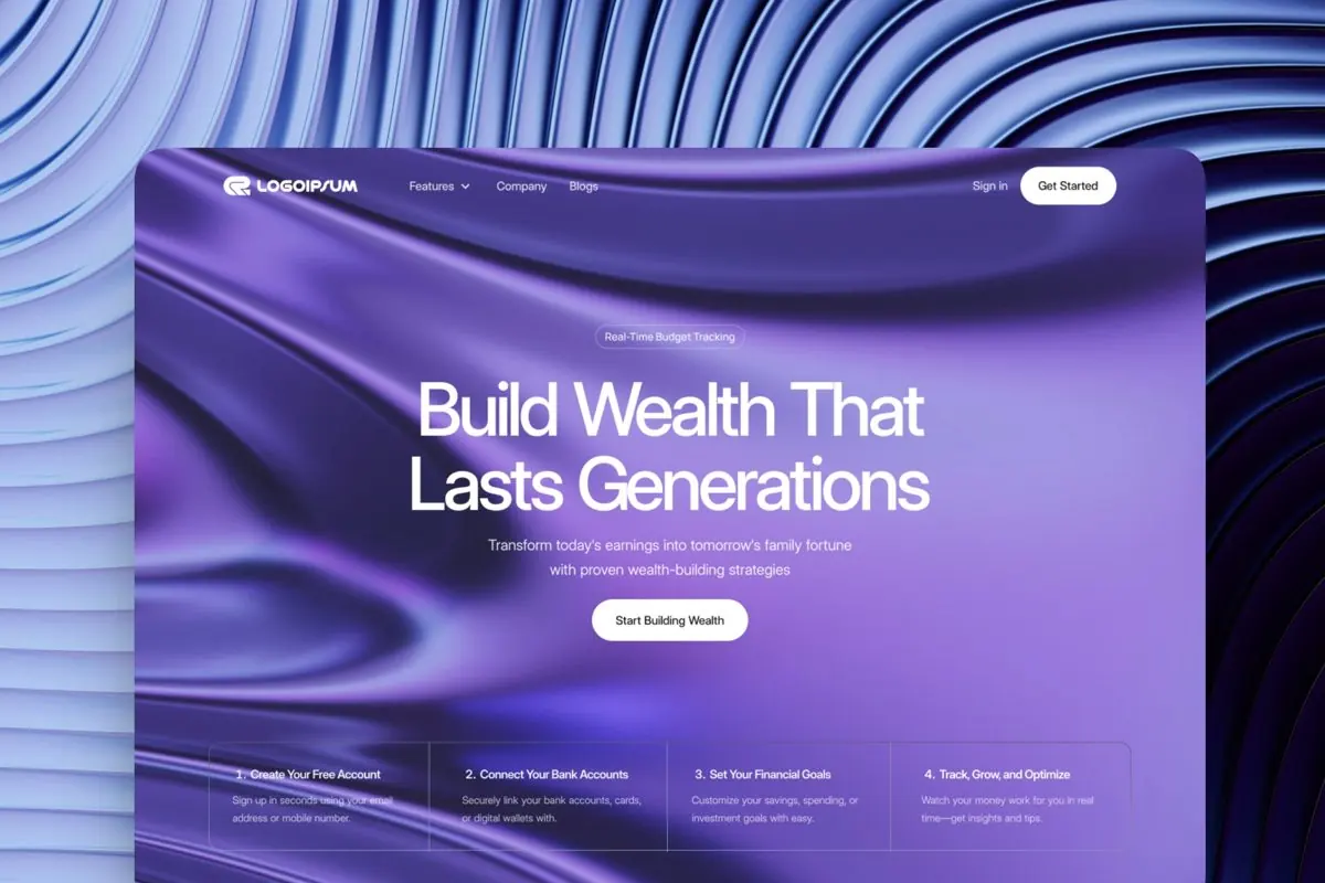 Fintech-hemsida med kraftfull typografi och lila formspråk